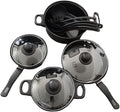 Las 13 piezas del set: 3 ollas con tapa, sartén con tapa y utensilios de silicona