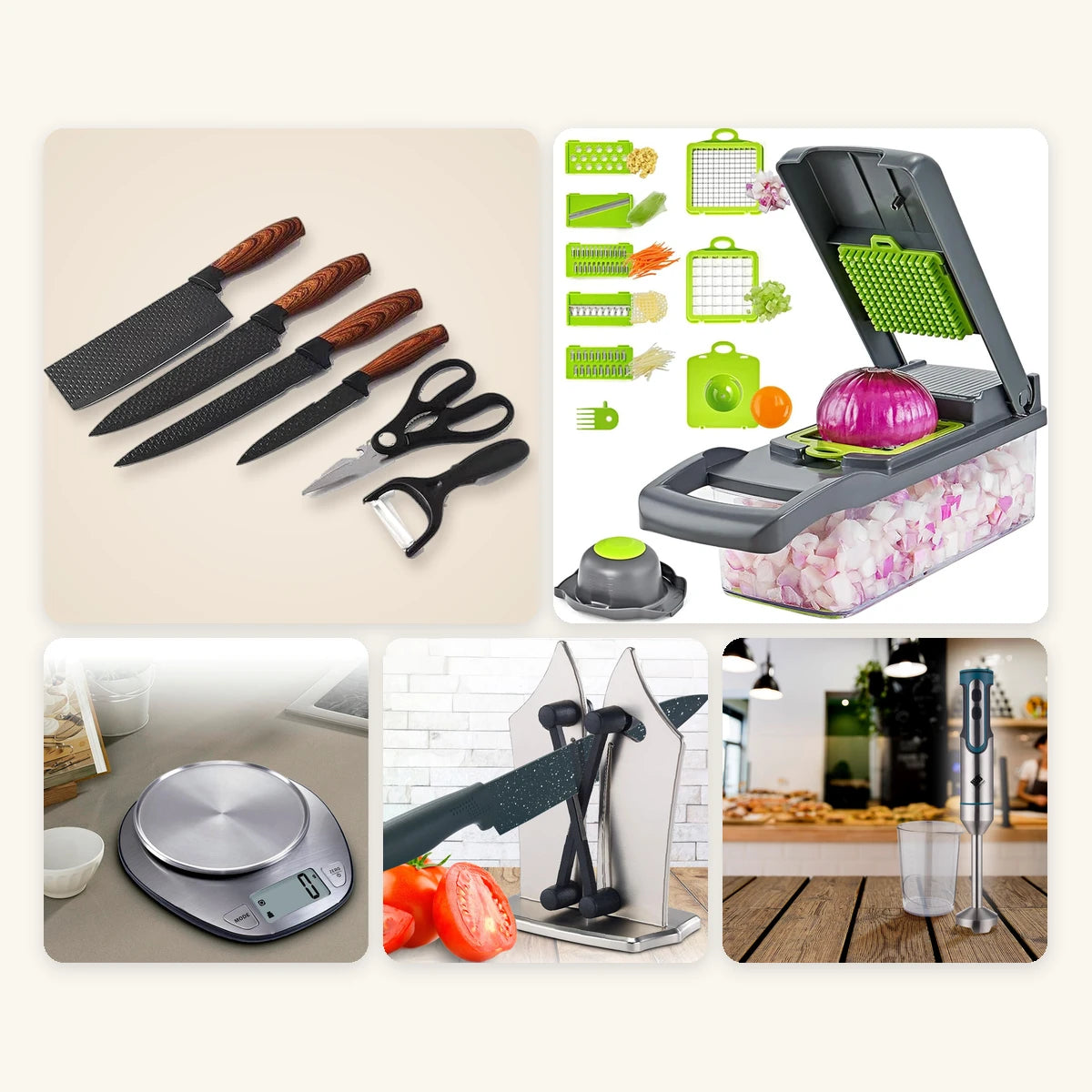 Pack Cocina ESENEA: juego de cuchillos, mandolina, báscula, afilador y batidora de brazo